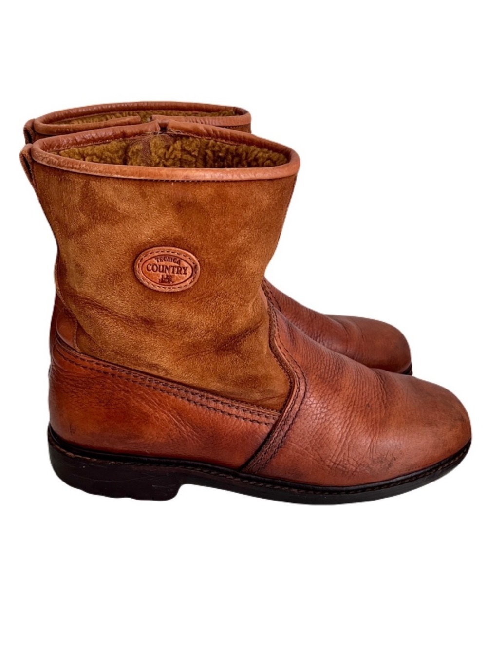Vintage Tecnica Country Cognac Leather Suede Shearling Lined Boots, Size 44